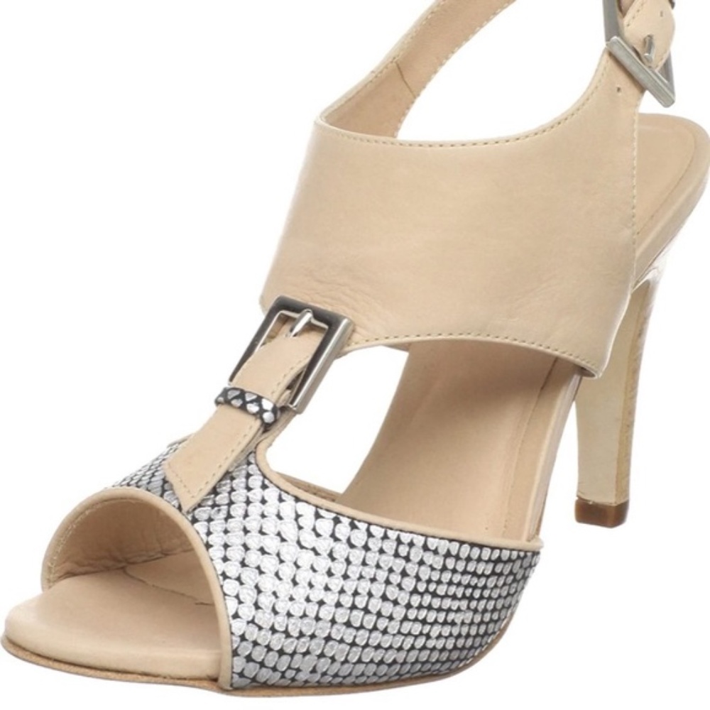 REBECCA MINKOFF Nude/Silver Buckle T Heels: Size 7